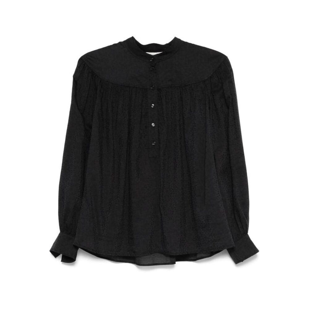 CHLOE Textured Stand Collar Gathered Blouse Women BLACK Shirts